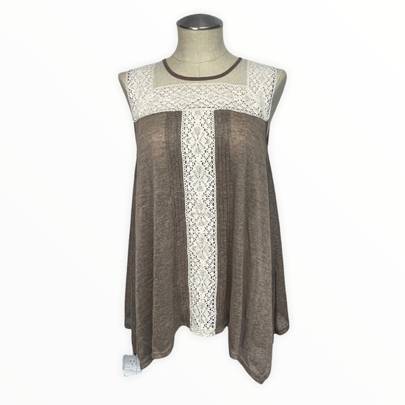 RYU Brown Knit & Cream Lace Back Tie Boho Shabby Chic Tunic Tank Top, Small - Picture 1 of 9